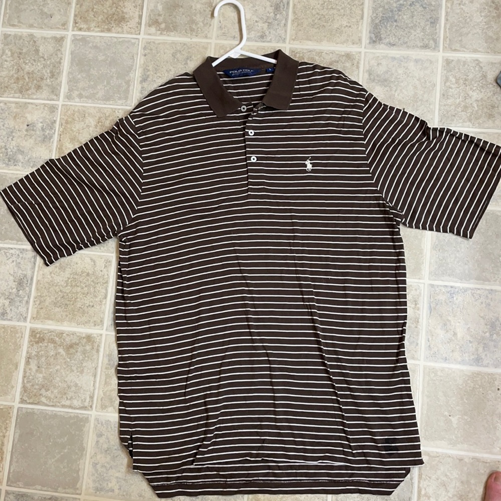 L Brown and white striped polo